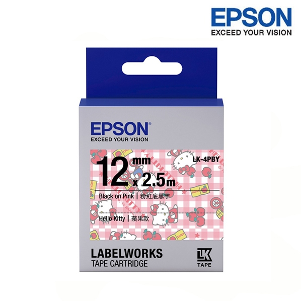 EPSON LK-4PBY 粉紅底黑字 蘋果款 Kitty系列 (寬度12mm) 標籤貼紙 S654450