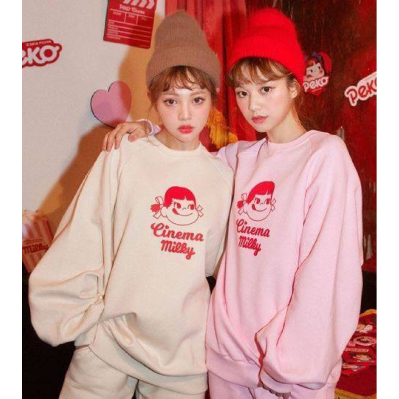 Chuu Korea Peko醬不二家 聯名款 粉紅色刷毛衛衣 大學t PEKO CINEMA