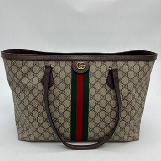 【哈極品】美品《GUCCI 古馳 卡其咖PVC皮 紅綠條 托特包/肩背包/購物包》