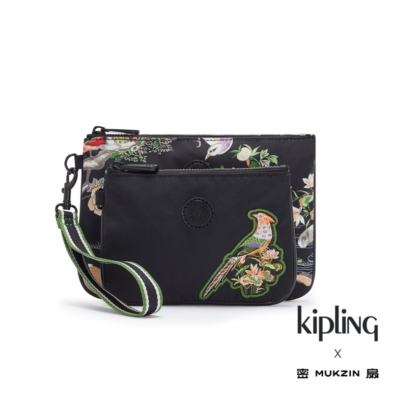 sʟ認真生活🌼現貨 🐒 【日本 •散策 Kipling X MUKZIN 密扇聯名系列花鳥尋仙-神秘黑色雙層收納手拿包