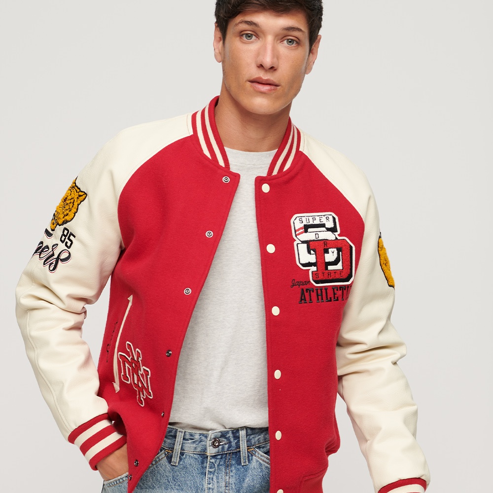 【Superdry】男裝 長袖棒球外套 飛行夾克 College Varsity Patched Bomber 紅