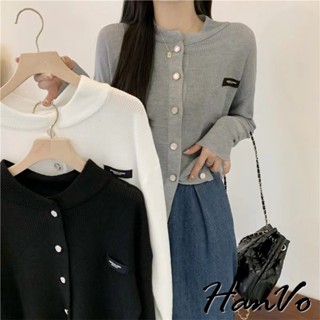 【HanVo】復古珍珠排釦小標針織衣 氣質寬鬆百搭休閒外套 韓國女裝 女生衣著 A02-0502