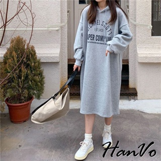 【HanVo】寬鬆側開叉連帽休閒洋裝 刷毛保暖系列有口袋 韓系女裝 女生衣著 3685