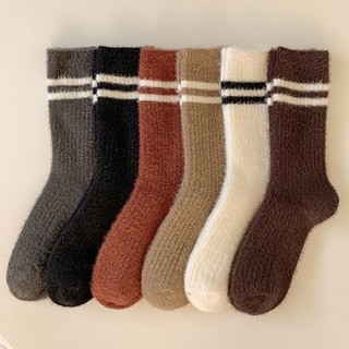 [COZY deer]現貨 秋冬 美拉德 女襪 水貂絨襪子 加厚 保暖襪 條紋 中筒襪 暖絨 堆堆襪 ig 襪子