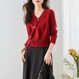 時尚 上衣 針織衫 毛線衣 保暖 新款法式V領別緻針織衫聖誕紅色復古氣質針織衫毛衣N145-6740.