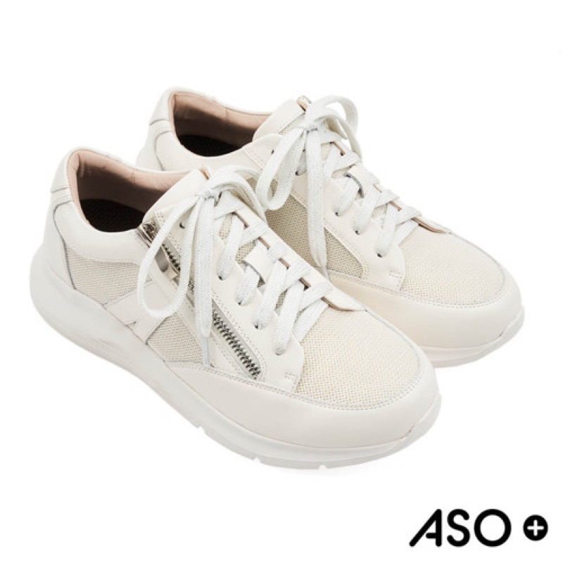 ASO+石墨烯動磁按摩鞋 綁帶拉鍊飛織休閒女鞋-白色