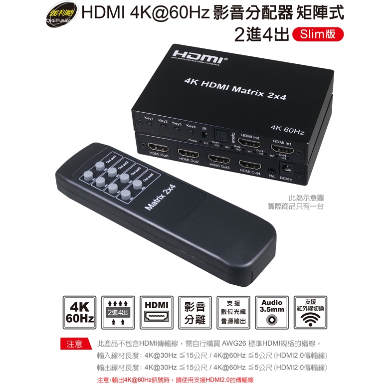 伽利略 HDMI 4K@60Hz 影音分配器 矩陣式 2進4出 Slim版 AN(HDS204BS)