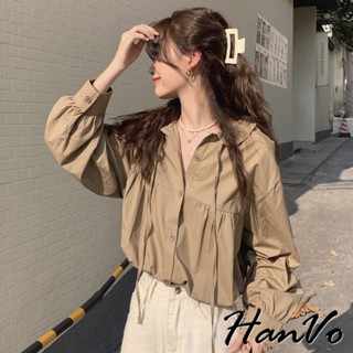 【HanVo】法式復古木耳邊領長袖襯衫 氣質風寬鬆休閒顯瘦上衣 韓國女裝 女生衣著 A02-1888