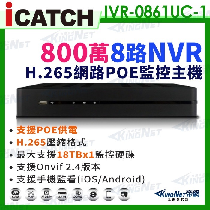 ICATCH 可取 800萬 4K 8路 POE供電 NVR 監控主機 IVR-0861UC-1 ULTRA