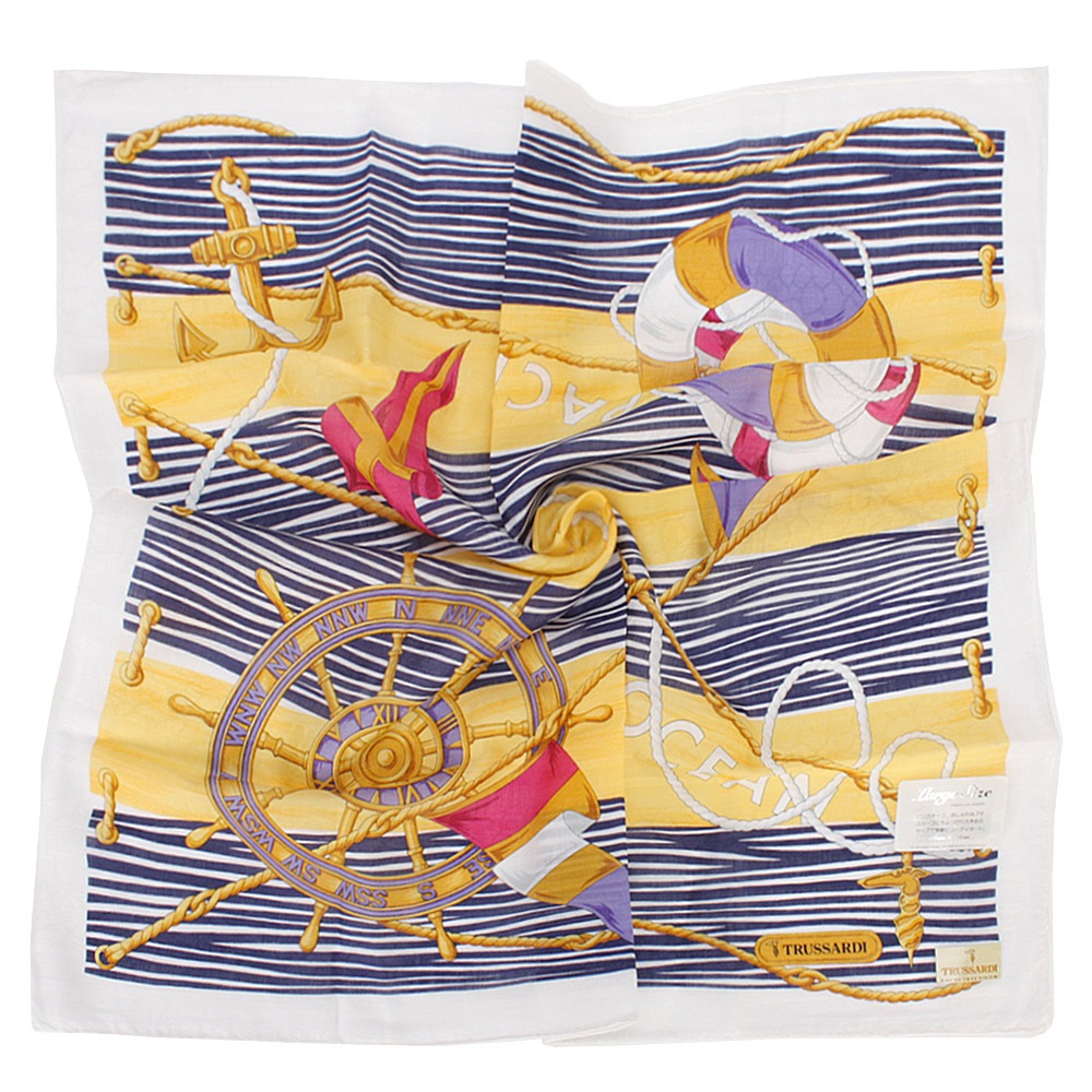 TRUSSARDI航海風情印花純綿大領巾58cm(黃色)989045-22