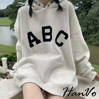 【HanVo】ABC字母寬鬆加絨連帽帽T 保暖系列休閒慵懶百搭 韓系女裝 女生衣著 0529