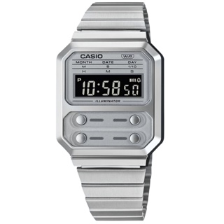 【CASIO】卡西歐 卡西歐 復古方型 計時碼錶 電子數位 不鏽鋼手錶 灰銀色 A100WE-7B 台灣卡西歐保固一年