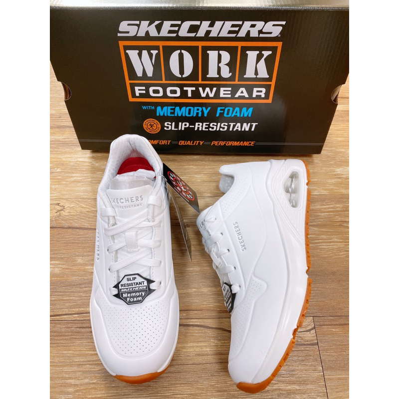SKECHERS-108021WHT 現貨 綁帶 氣墊 止滑 橡膠大底 運動 健走 休閒 慢跑 工作 小白鞋 皮革鞋面