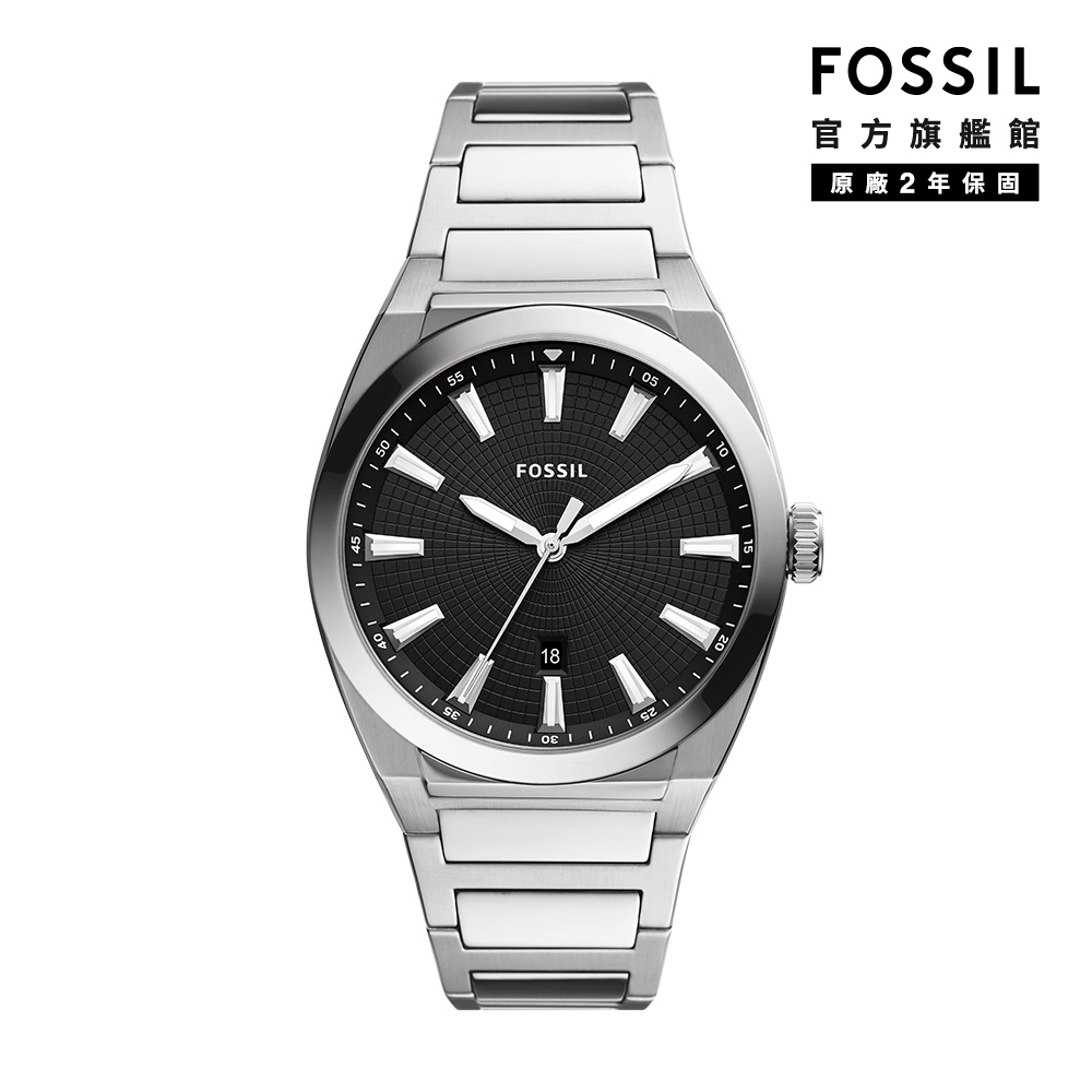 【FOSSIL 官方旗艦館】Everett 復古黑手錶 銀色不鏽鋼鍊帶 42MM FS5821