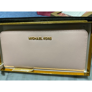 MICHAEL KORS 經典素面L型拉鍊長夾 十字紋防刮真皮革長夾 淺粉色MK(現貨)