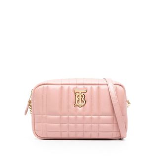 【BURBERRY 巴寶莉】專櫃經典款 LOLA金字LOGO格紋絎縫設計小羊皮拉鍊式斜背包