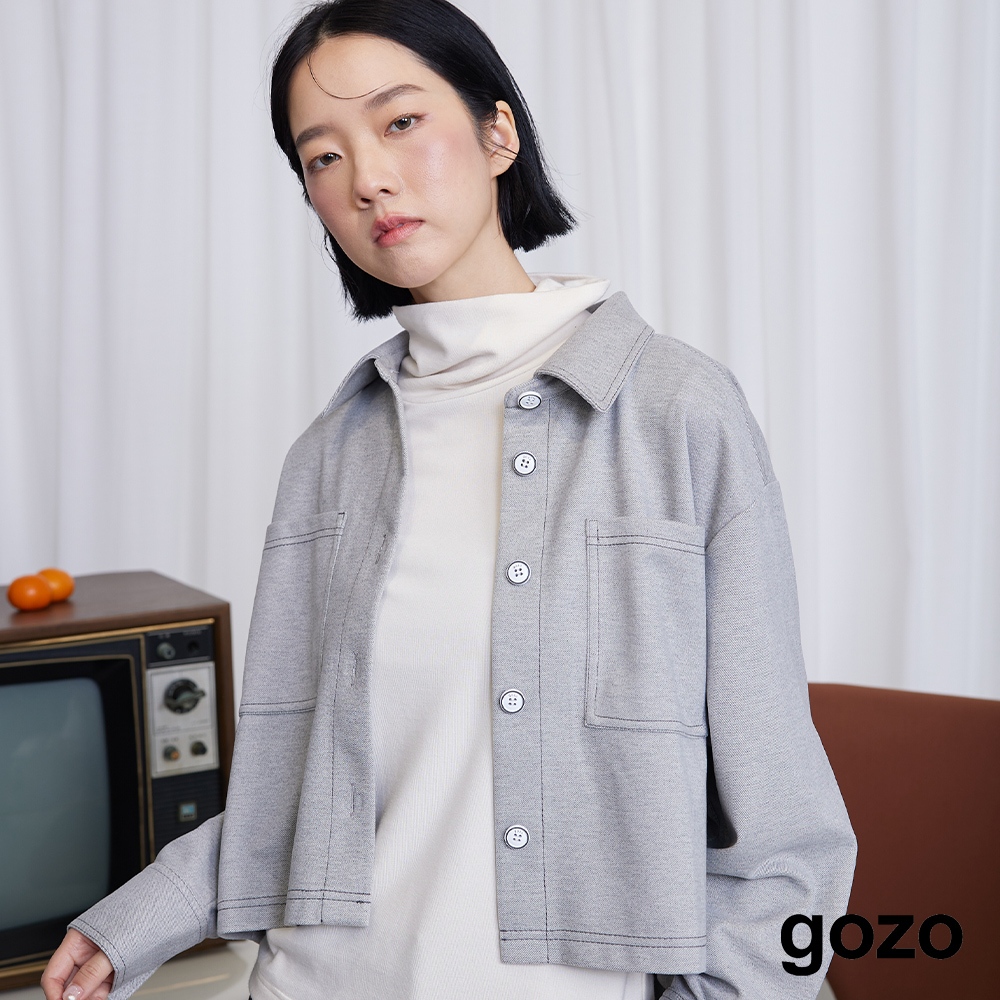 【gozo】壓線磨毛感前短後長造型襯衫(灰色/黑色_F) | 女裝 修身 百搭