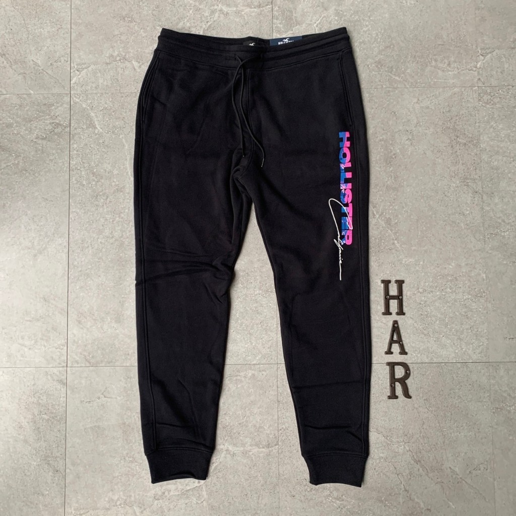 [海鹿馬]Hollister 海鷗 棉質長褲 棉褲 縮口褲 內刷毛 粗體logo印花 黑色冰山款