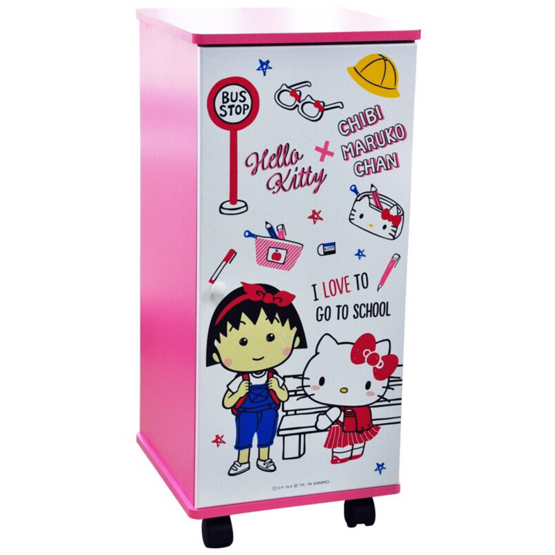 【羅曼蒂克專賣店】DIY 正版 木製 小丸子書櫃 小丸子收納櫃 Hello Kitty & 小丸子拉門三層滾輪櫃 收納櫃