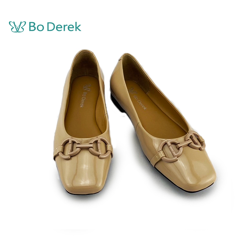 Bo Derek 鏈條飾釦真皮方頭平底鞋-駝色