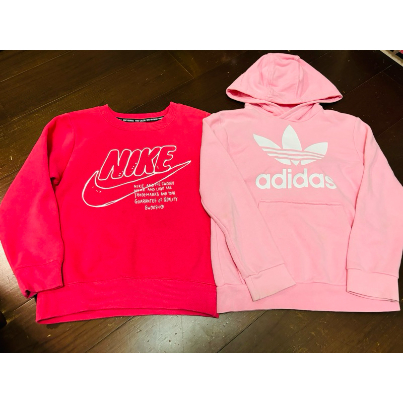 《1+1組合》adidas愛迪達粉色女童帽T 耐吉大童Nike桃色大學T 120