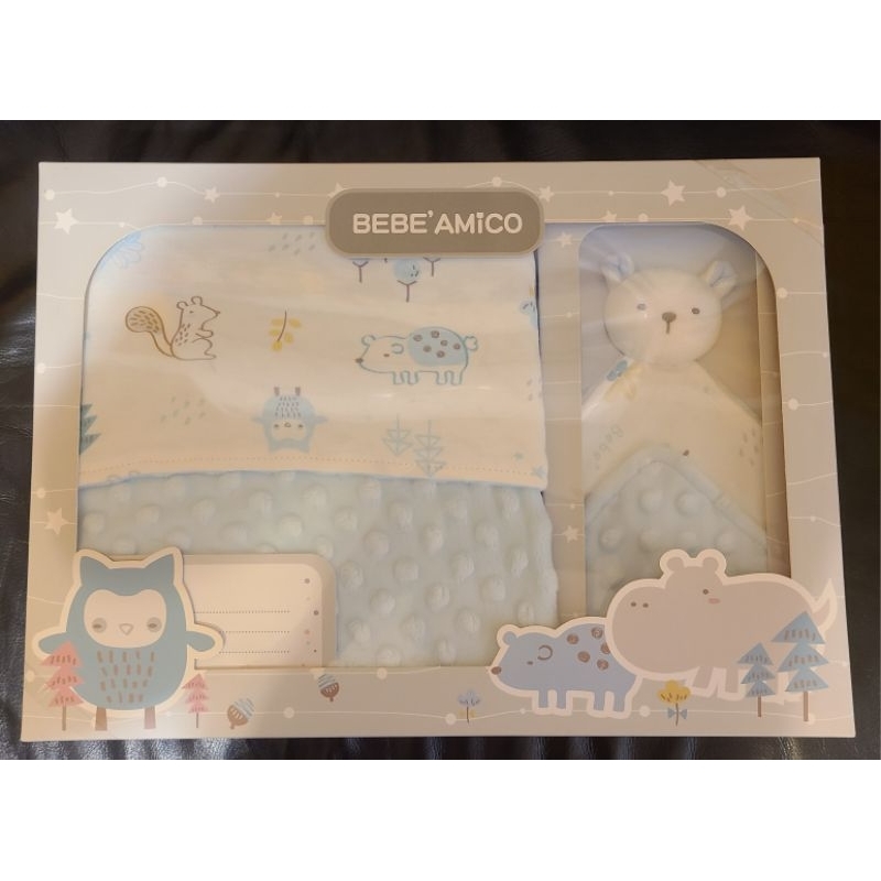 BEBE Amico童趣故事（貝貝豆） 四季毯禮盒（+安撫巾） 藍色 兔兔安撫巾