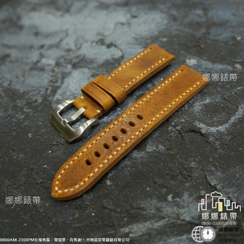 免運 娜娜錶帶加厚 重磅 整條對折 密縫線 真皮錶帶 手工 20mm 22mm 24mm 不鏽鋼錶扣 淺棕色 少見淺棕色