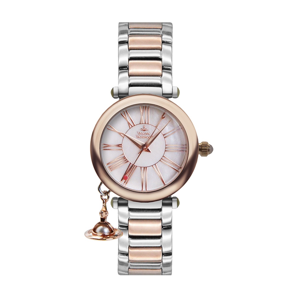 Vivienne Westwood 玫瑰金系 貝殼面 羅馬刻度 小裝飾設計 銀+玫金不鏽鋼錶帶 腕錶 手錶