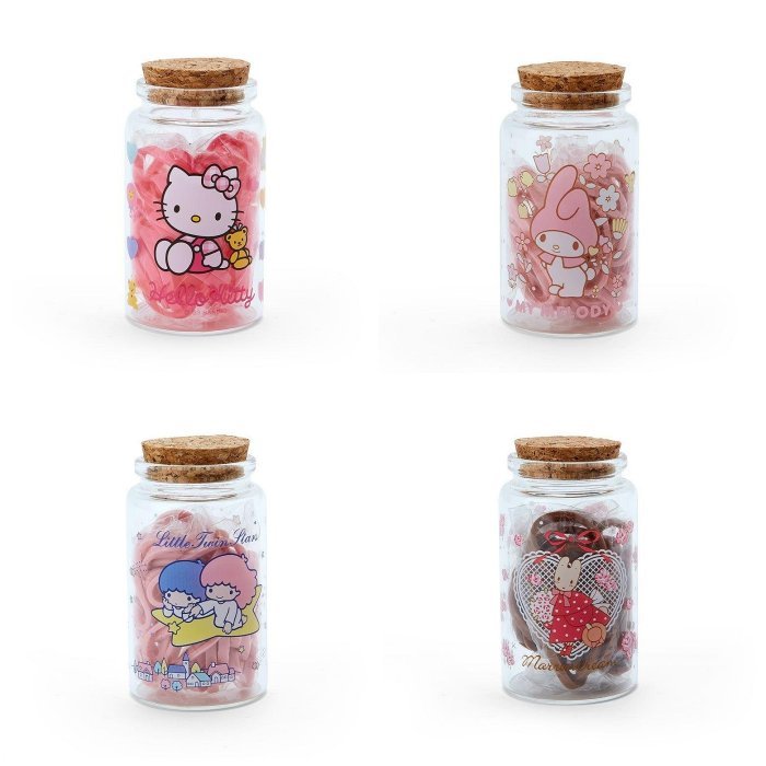 ♥小玫瑰日本精品♥ HelloKitty 美樂蒂 雙子星 兔媽媽 軟木塞玻璃罐 小物罐 附橡皮筋 ~ 3