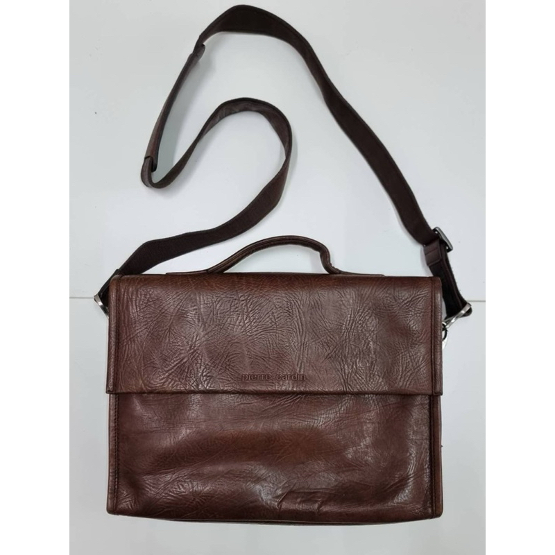 二手真皮咖啡色公事包肩背包電腦包Pierre Cardin Brown Leather Business Bag