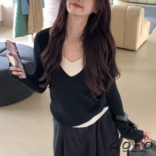 GOFO 長袖上衣 假韓系穿搭 兩件 拼接撞色 韓系修身顯瘦 針織衫 女生衣著 女裝上衣 秋天 秋季 冬天 春秋