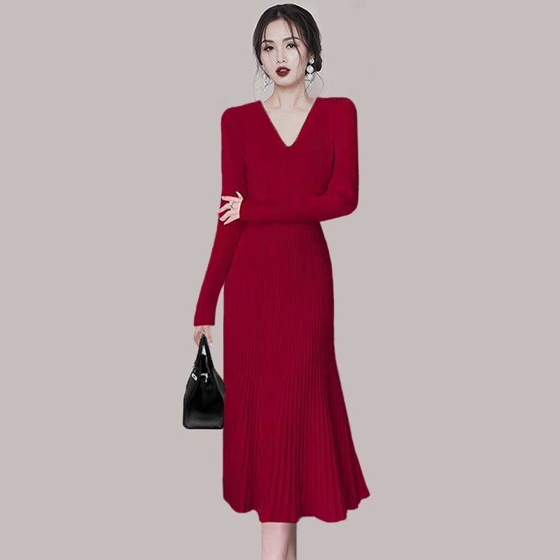 愛依依 紅色針織連身裙 洋裝 長裙 包臂裙 打底內搭裙  新年戰袍紅色針織連衣裙毛衣打底裙T525-9051.