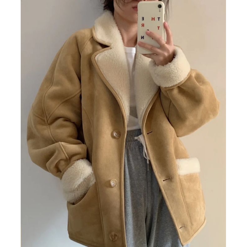 [現貨]韓版麂皮絨厚外套冬季新款皮毛一體羊羔毛外套夾克