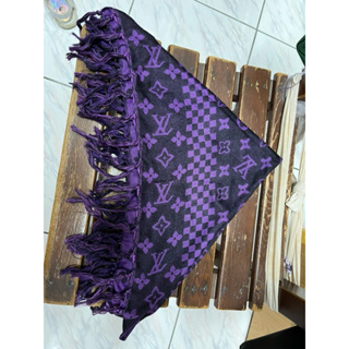 印花 格紋 流蘇 造型 三角型 披肩 圍巾 紫色 雙面