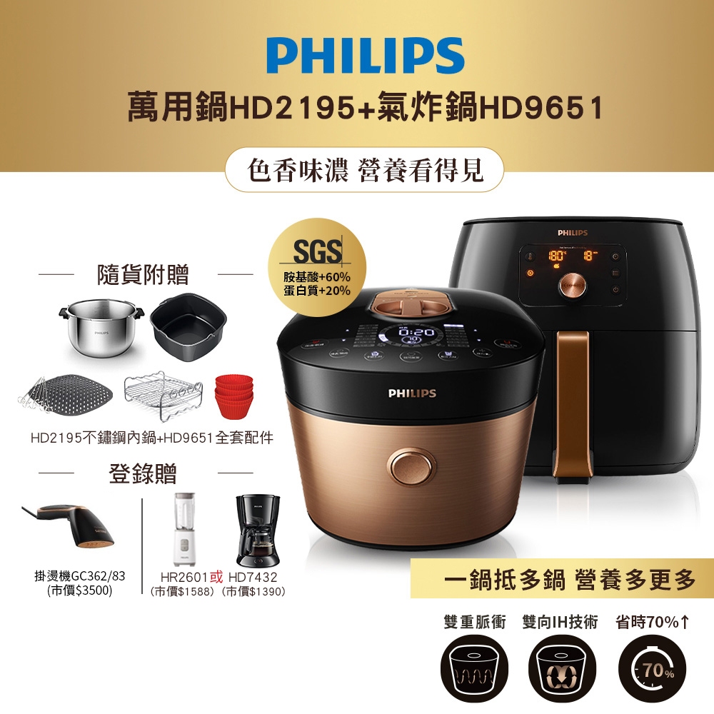 【飛利浦 PHILIPS】萬用鍋HD2195(金小萬)+氣炸鍋HD9651