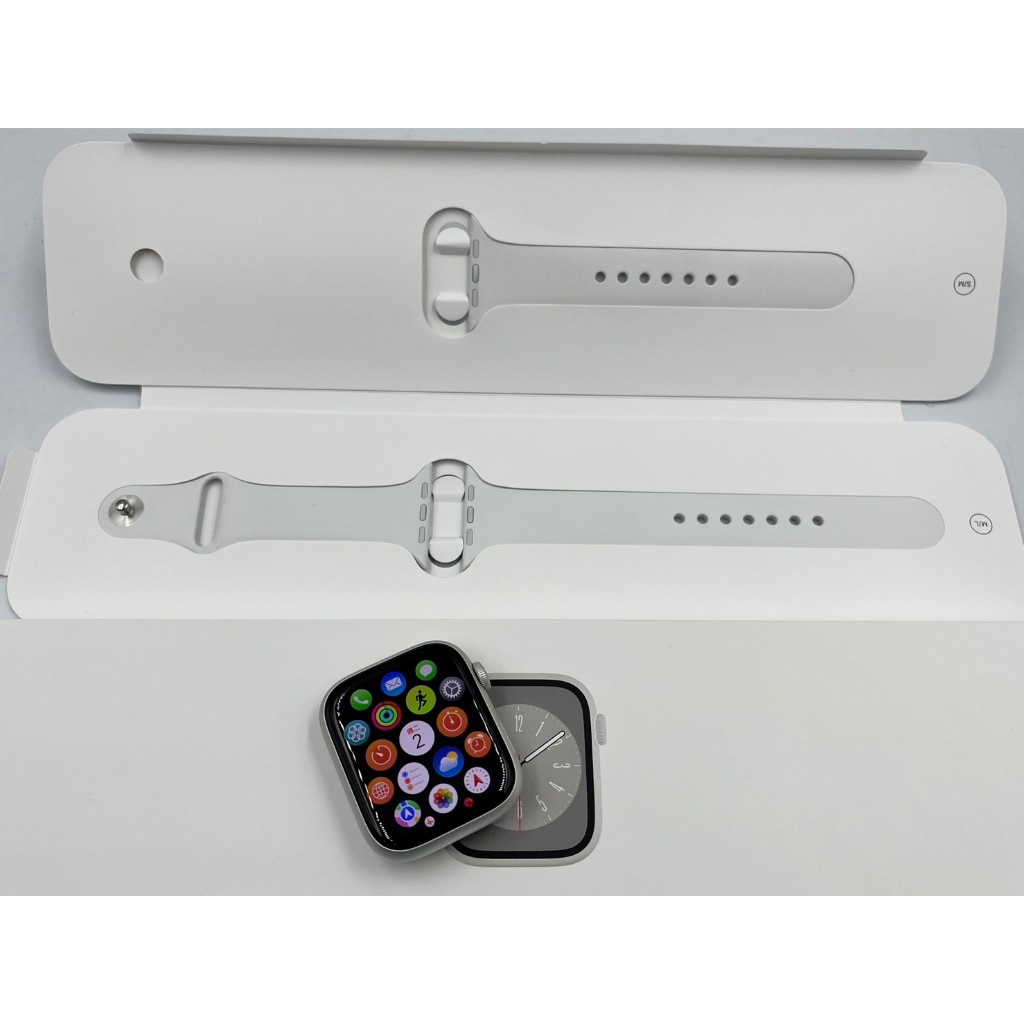 §轉機站§漂亮 保固2024/7 盒裝 蘋果 Apple Watch8 s8 智慧手錶 45mm LTE 鋁金屬  銀色