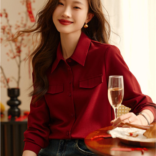 愛依依 長袖襯衫 紅色襯衣 翻領上衣S-3XL新款精緻時髦感襯衫翻領袋蓋女襯衫NC17-5631.