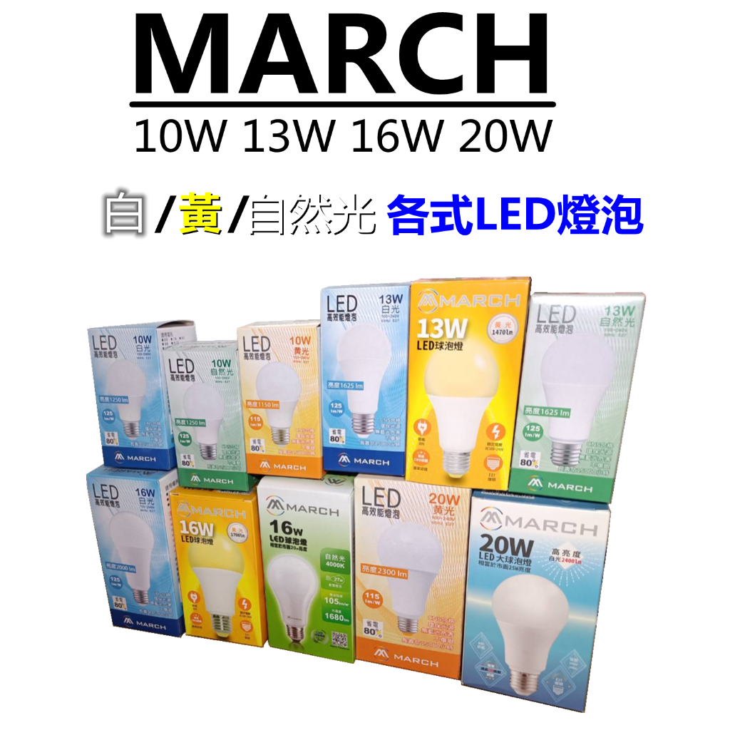 MARCH 各式LED燈泡 10W 13W 16W 20W 球泡 E27 全電壓 黃光 自然光 白光