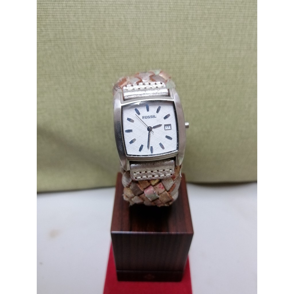 Fossil 女款 JR-8938 多色寬皮革錶帶日期手錶/早期二手石英錶