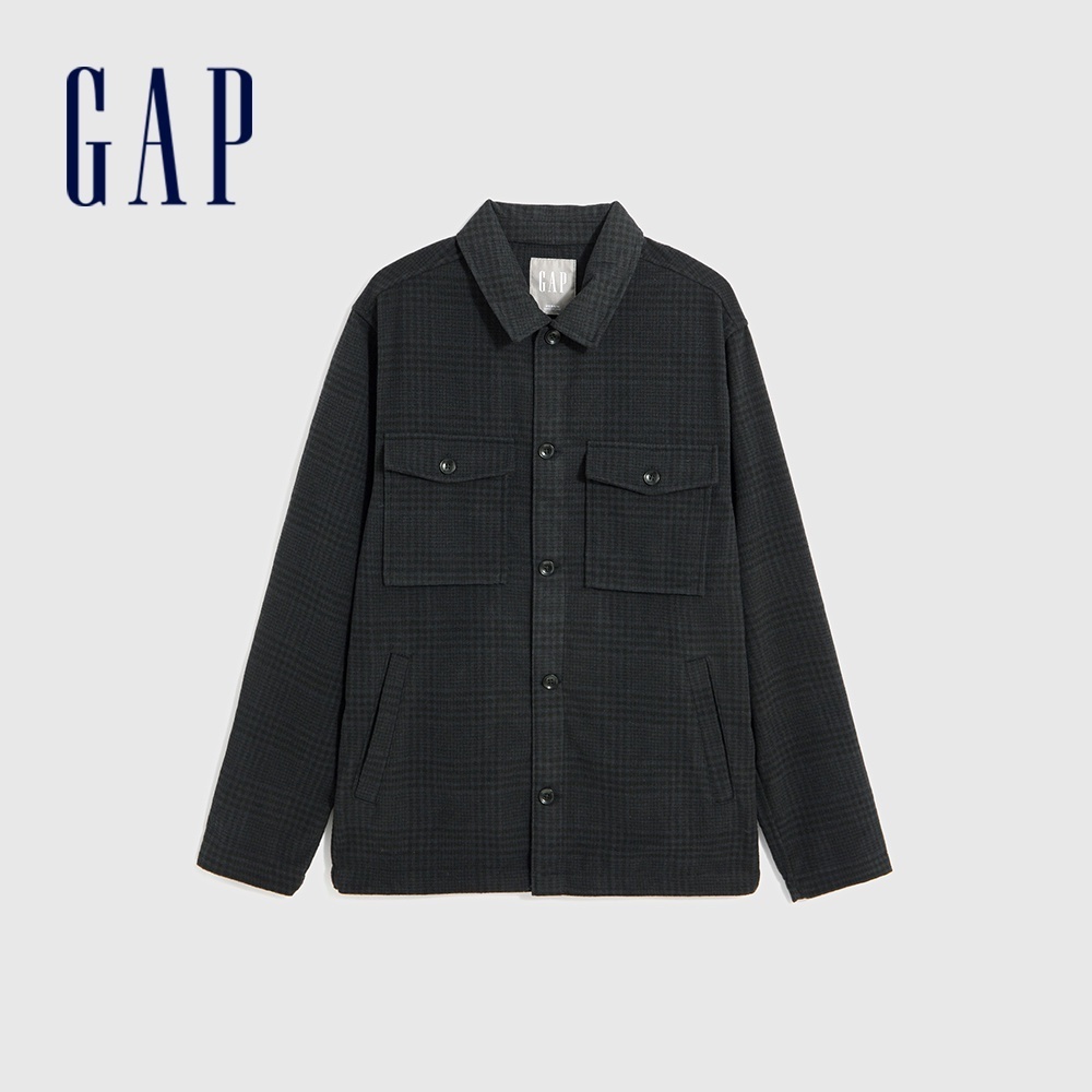 Gap 男裝 翻領長袖襯衫-藍黑格子(787683)