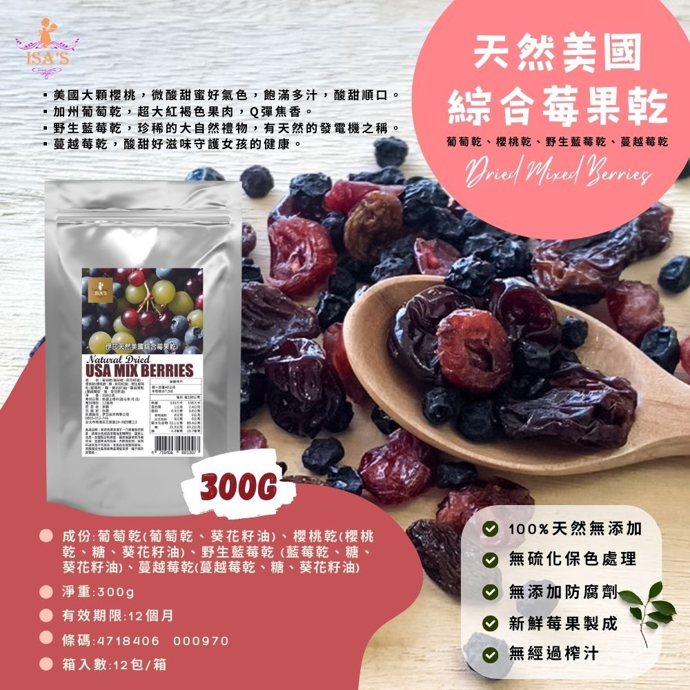 【現貨】美國綜合莓果乾 櫻桃 藍莓 蔓越莓 加州葡萄乾 無榨汁 300g
