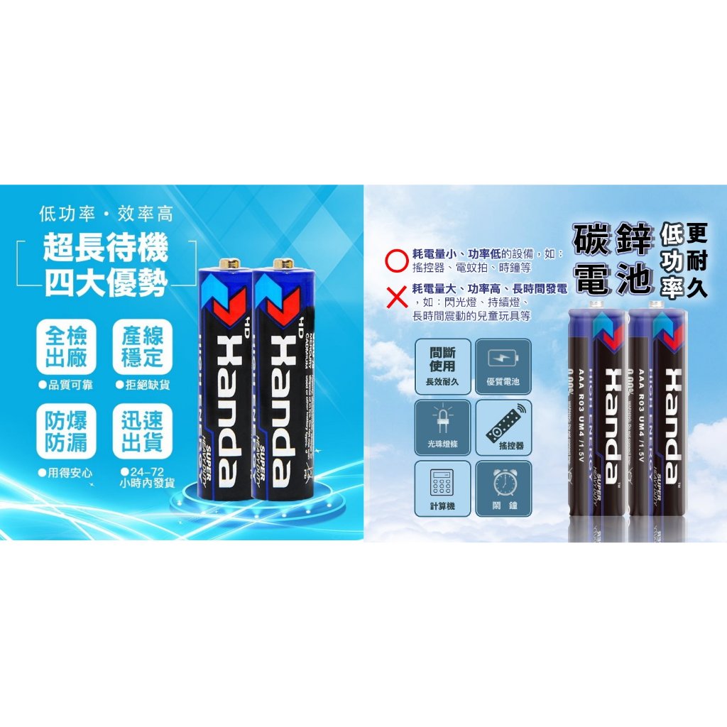 全新未使用 Handa 低功率 碳鋅電池 一次性電池 AAA 4號電池 2顆一組、4顆一組