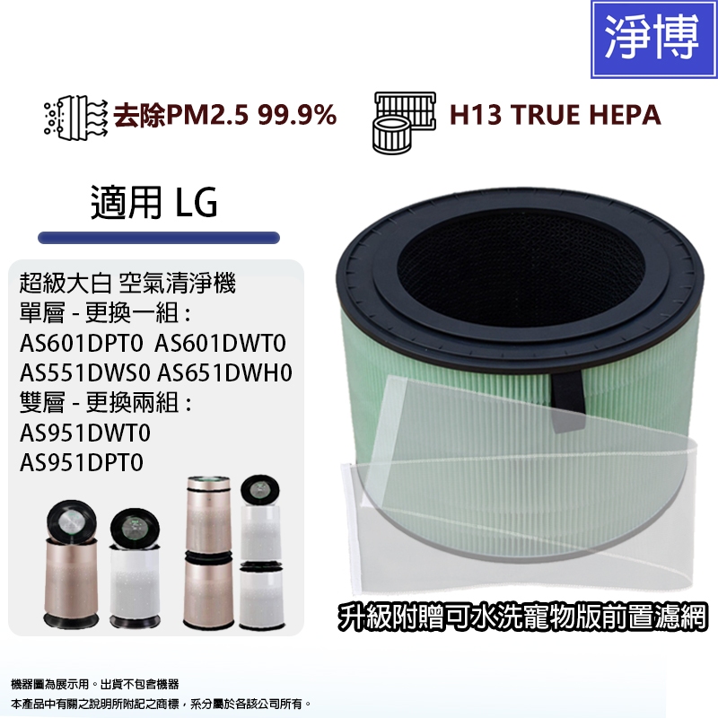 適用LG樂金超級大白空氣淨機AS601DPT0 AS951DPT0 AS651DWH0 AS651DSS0+寵物濾網濾芯