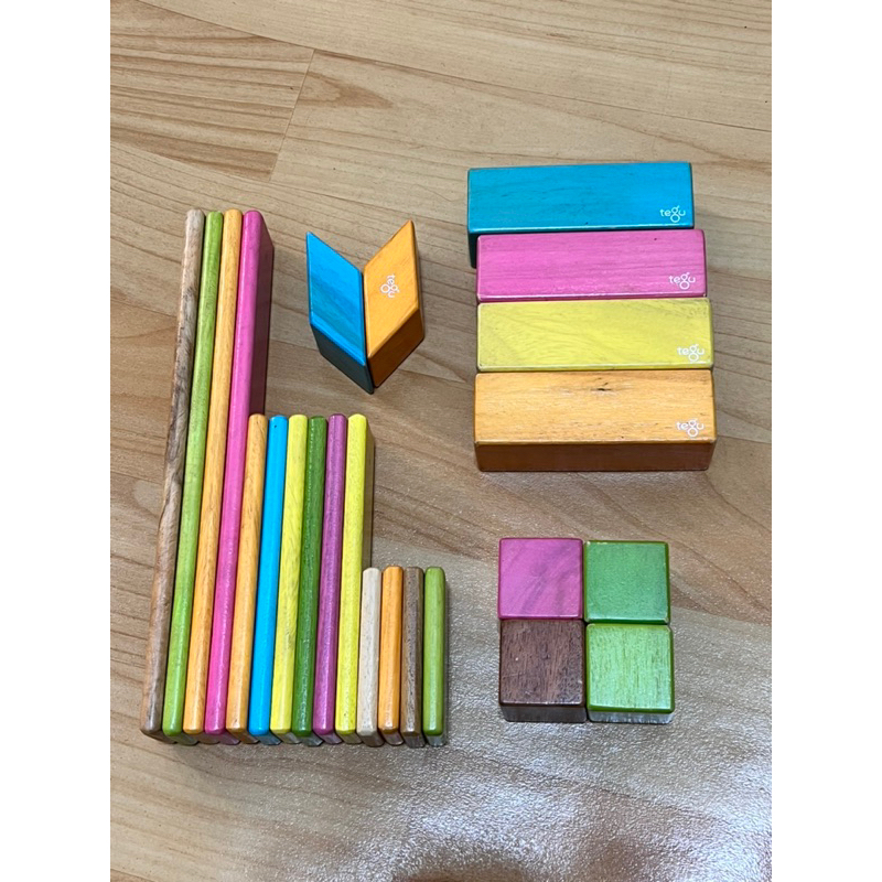 ［二手玩具］美國Tegu 益智磁性積木24件組~彩色調色盤系列 (無紙盒）