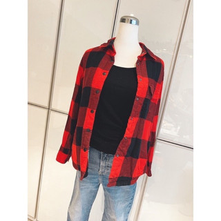日版UNIQLO紅色百搭格紋加厚襯衫型外套