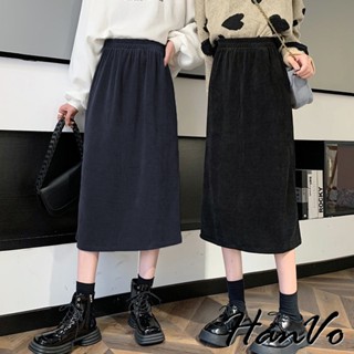 【HanVo】冬季百搭呢絨後開叉長裙 加絨加厚寬鬆藏肉顯瘦半身裙 韓系女裝 女生衣著 A05-3688