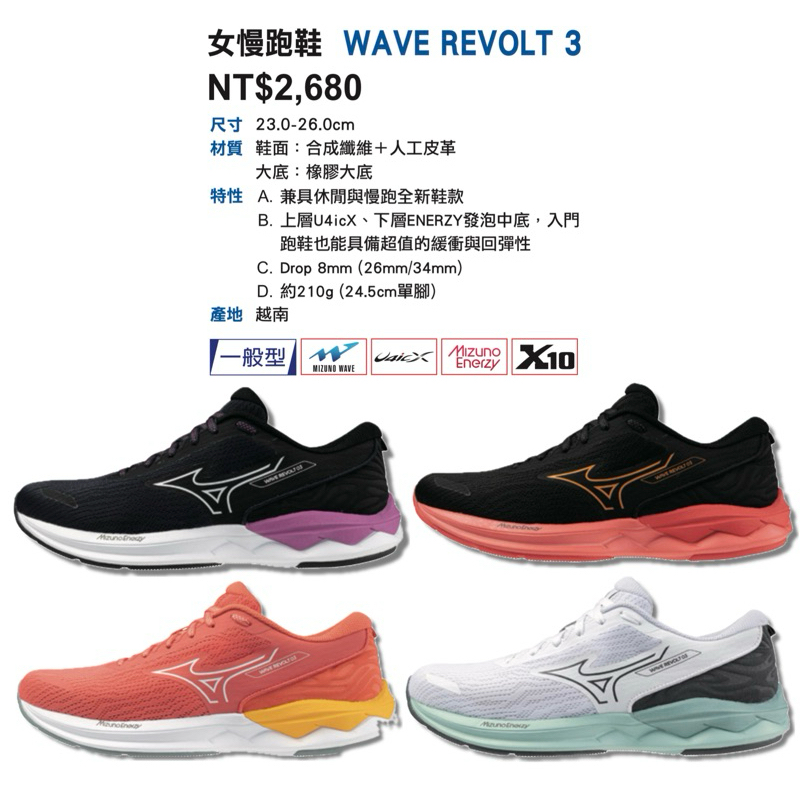 《典將體育》Mizuno 美津濃 Wave REVOLT 3 慢跑鞋 走路鞋 運動鞋