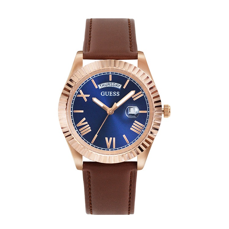 GUESS原廠平輸手錶 | 玫瑰金框 藍面 星期日期顯示 咖色真皮牛皮錶帶 (GW0353G2)
