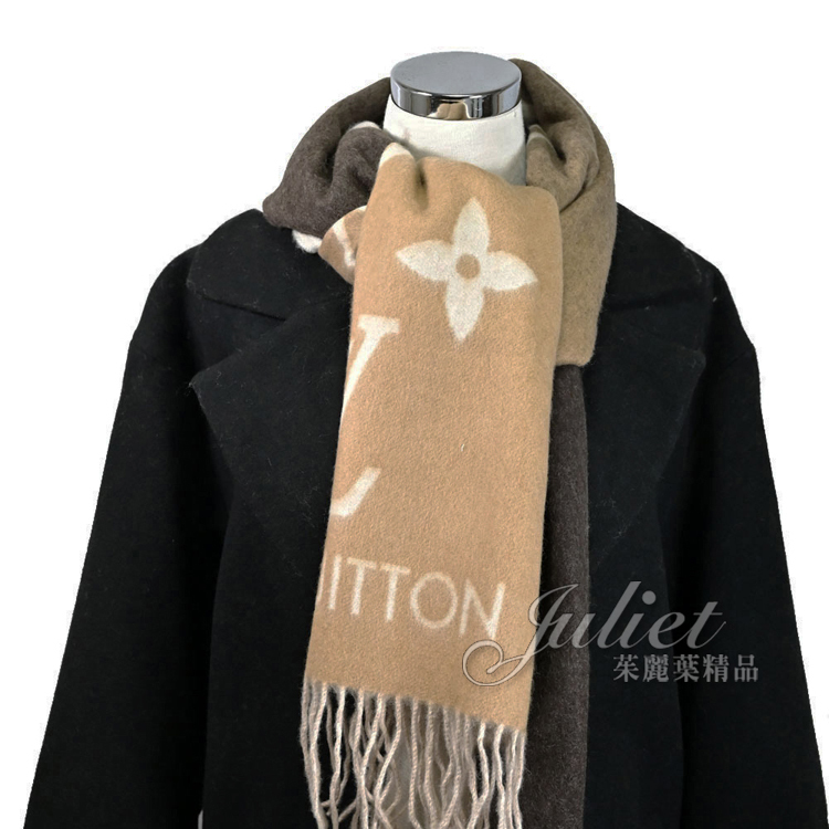 【茱麗葉精品】LV M73675 REYKJAVIK 喀什米爾羊毛漸層設計雙面圍巾/披肩.深棕 現貨在台