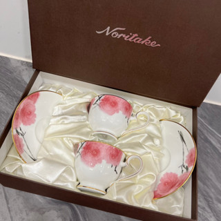 日本NORITAKE 紅纓花瓣-金邊咖啡對杯(骨瓷)